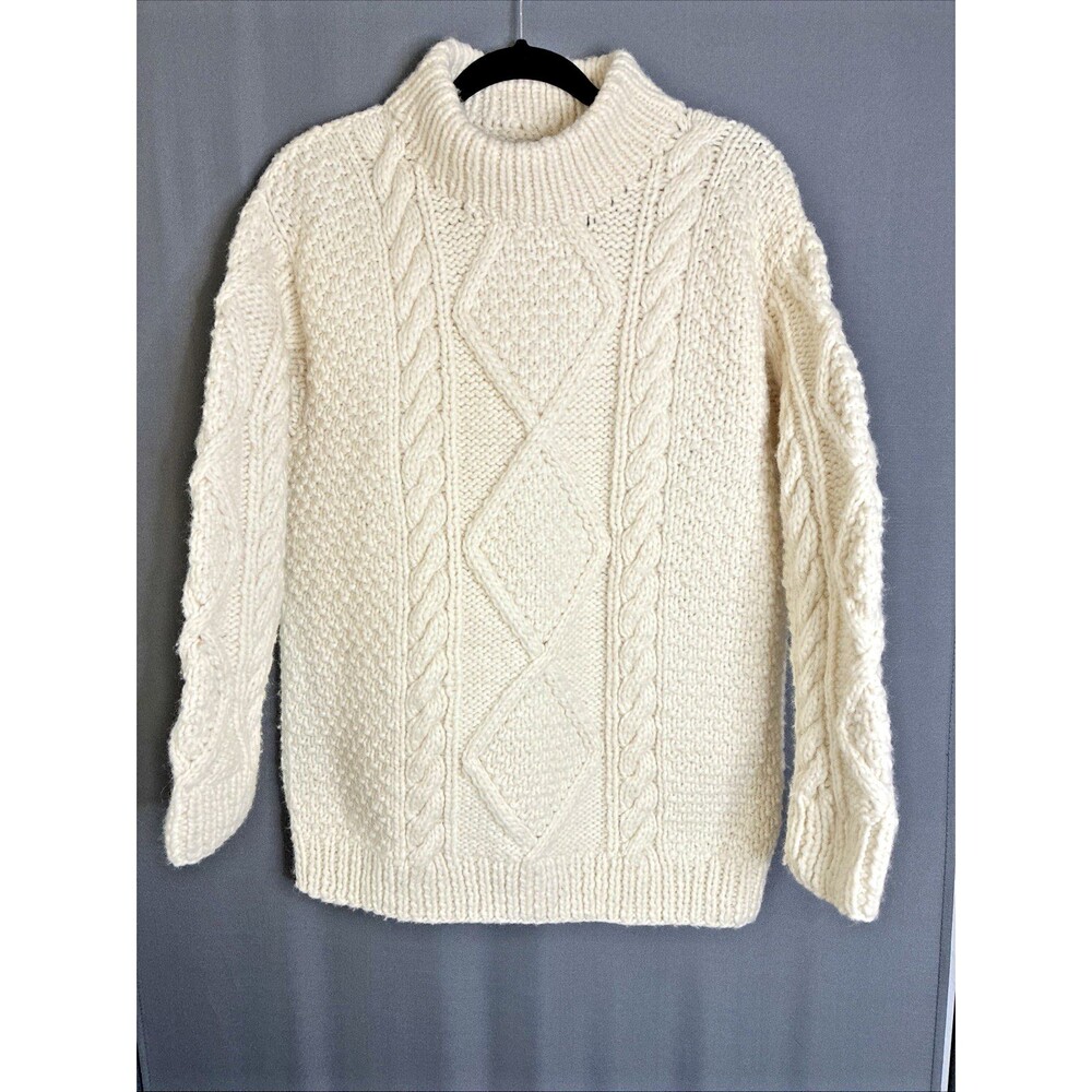Earth Ragz Wool CableKnit Chunky Sweater L Ivory Mock Neck Hand Knit Grandpa Y2K